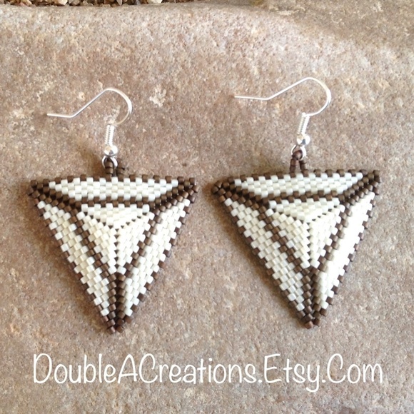 Chocolate and Cream Triangle Beaded Earrings, New, Handmade By Me - Picture 5 of 5